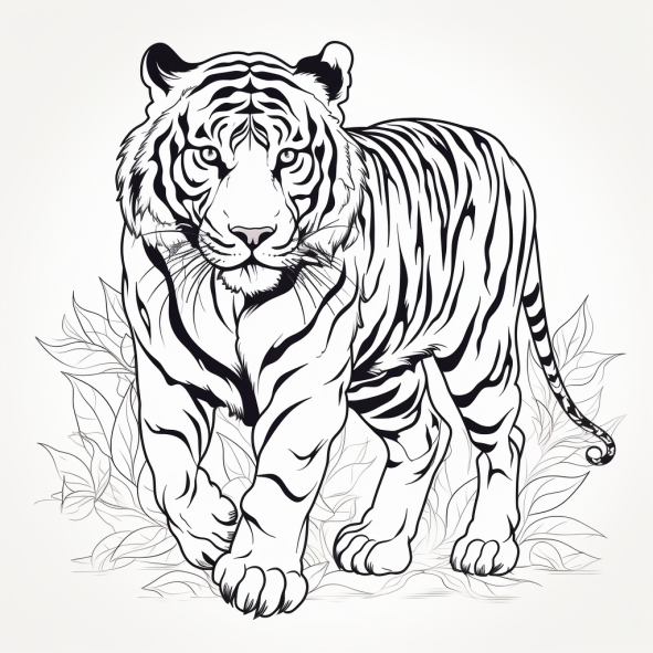 black and white coloring page of a tiger on a white background