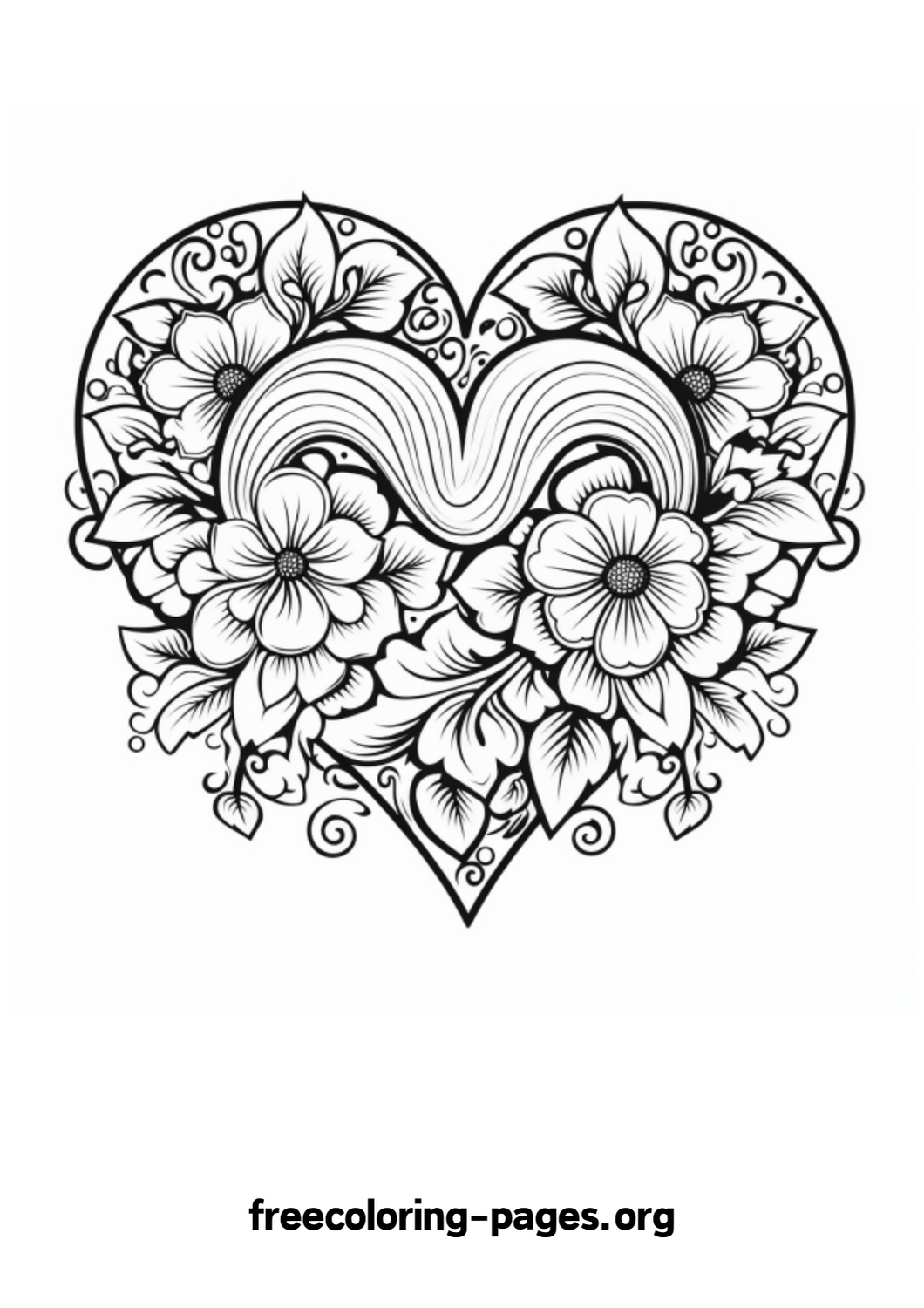 Valentine Day Hearts and Flowers Card Coloring Page Free Printable