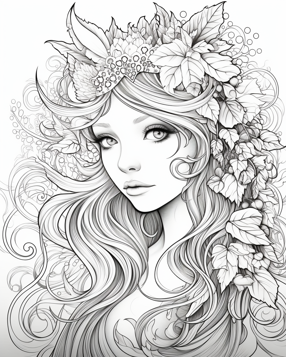 black and white fantasy fairy princess coloring page