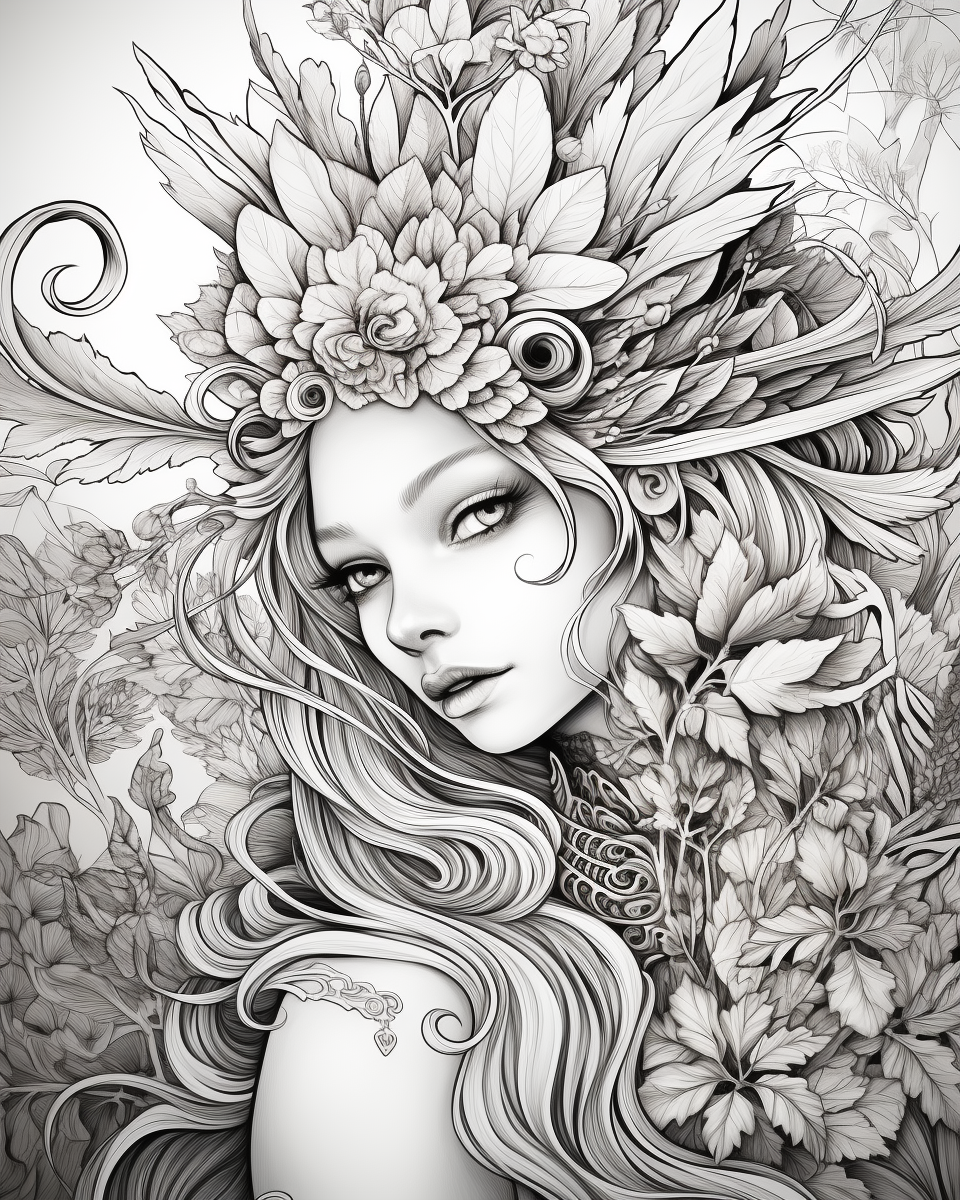 black and white fantasy fairy princess coloring page