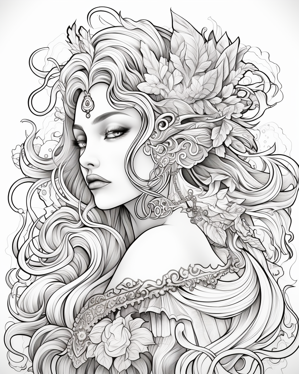 black and white fantasy fairy princess coloring page