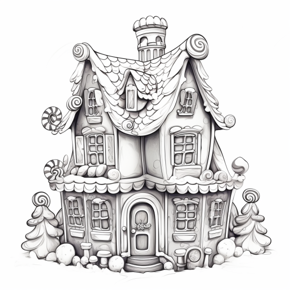 black and white gingerbread house coloring page on a white background