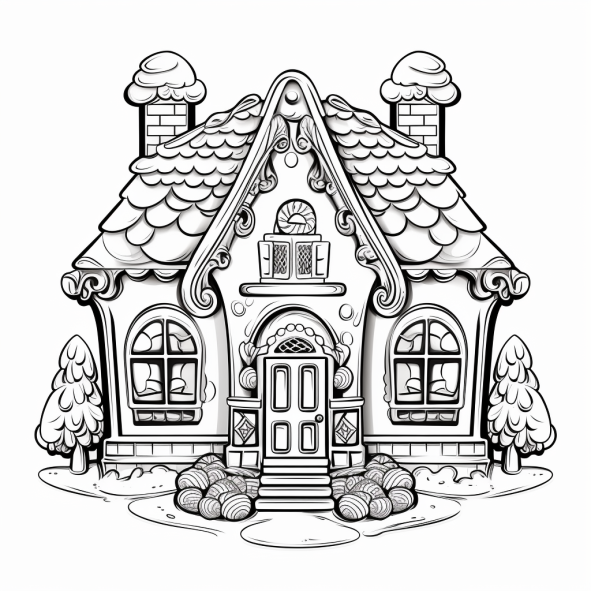 black and white gingerbread house coloring page on a white background