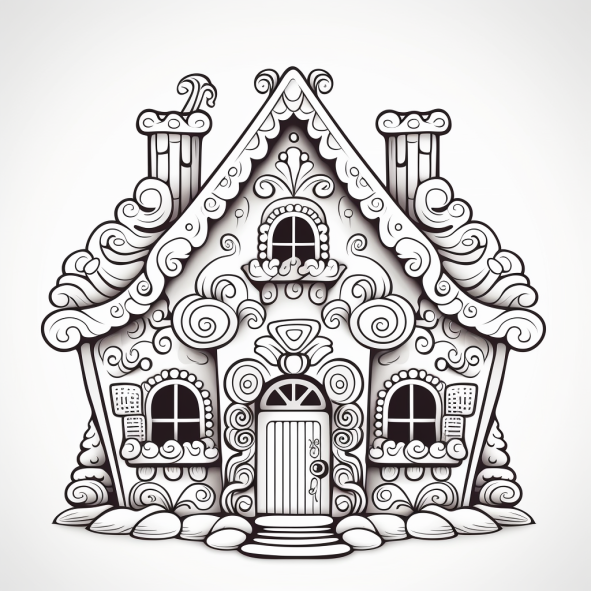 black and white gingerbread house coloring page on a white background