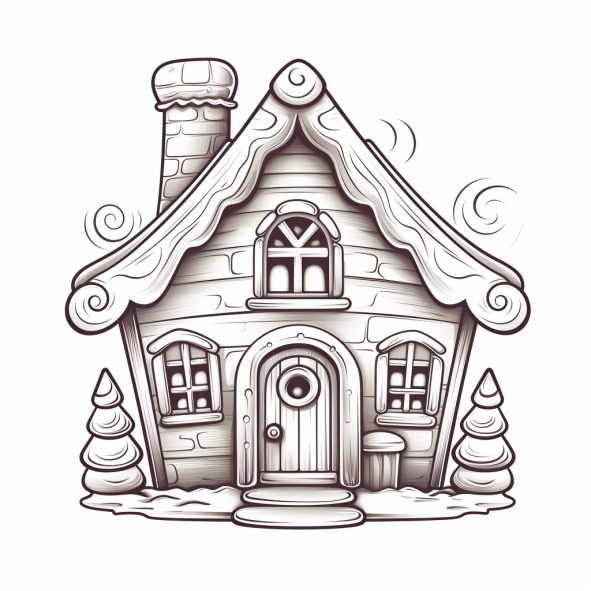 black and white gingerbread house coloring page on a white background