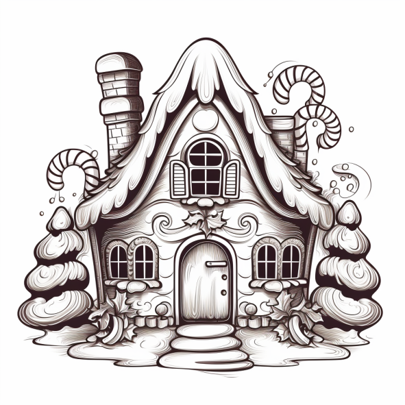 black and white gingerbread house coloring page on a white background