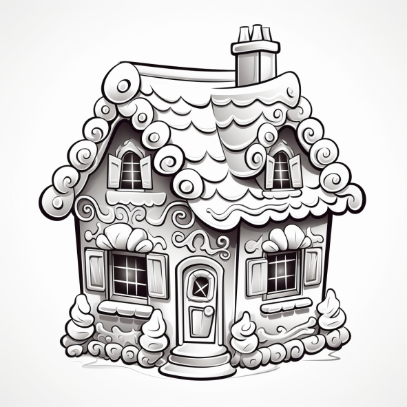 black and white gingerbread house coloring page on a white background