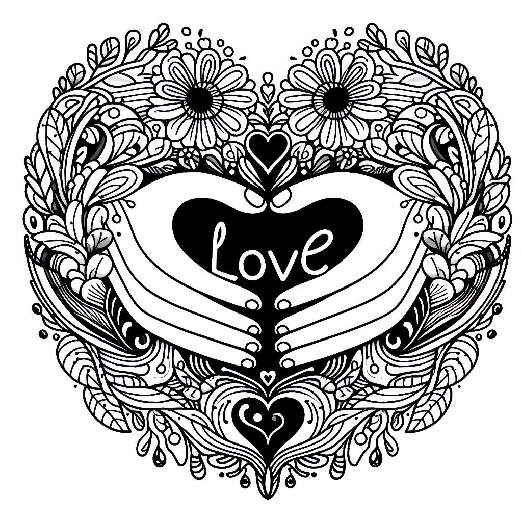 Valentine Day Hearts and Flowers Card Coloring Page Free Printable