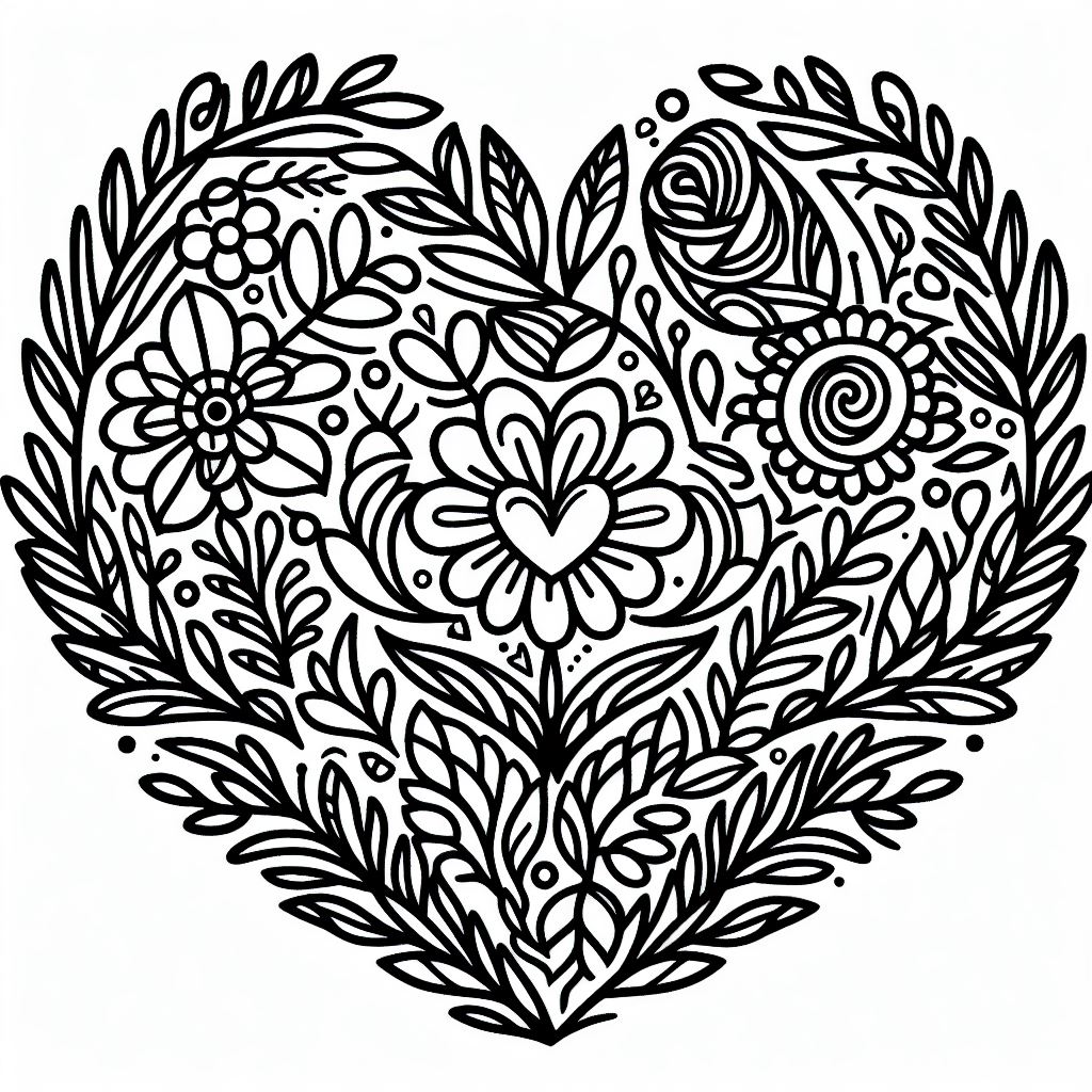 Valentine Day Hearts and Flowers Card Coloring Page Free Printable