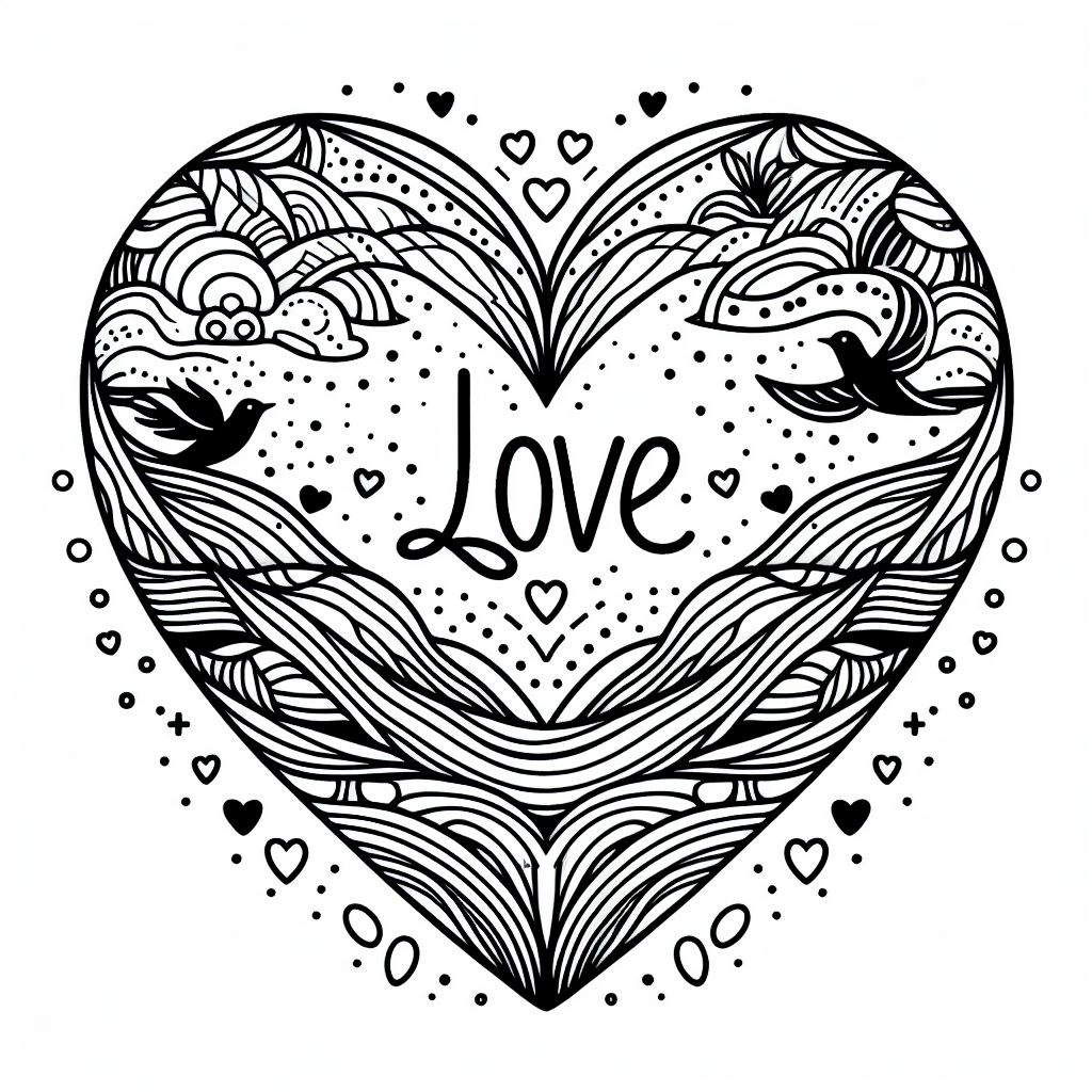 Valentine Day Hearts and Flowers Card Coloring Page Free Printable