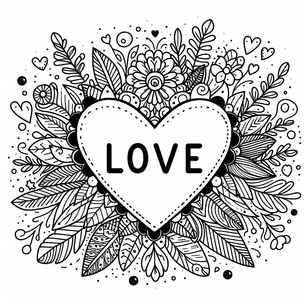 Valentine Day Hearts and Flowers Card Coloring Page Free Printable