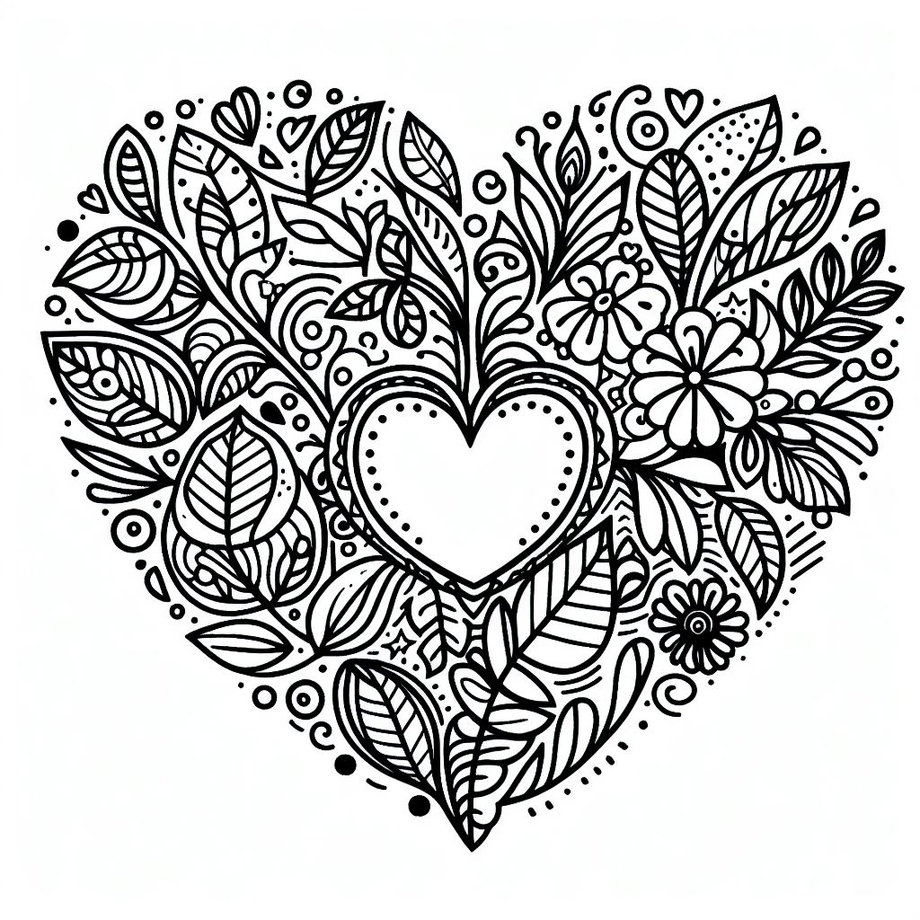 Valentine Day Hearts and Flowers Card Coloring Page Free Printable