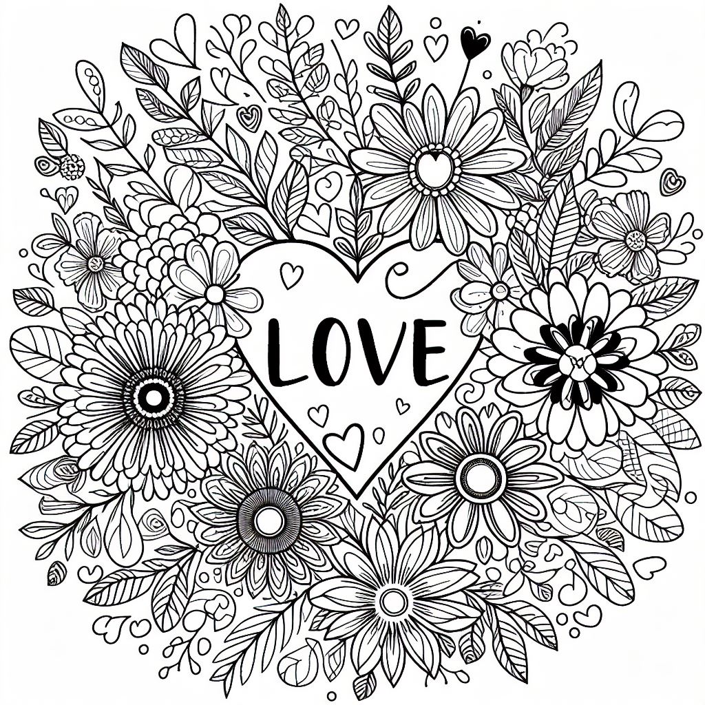 Valentine Day Hearts and Flowers Card Coloring Page Free Printable