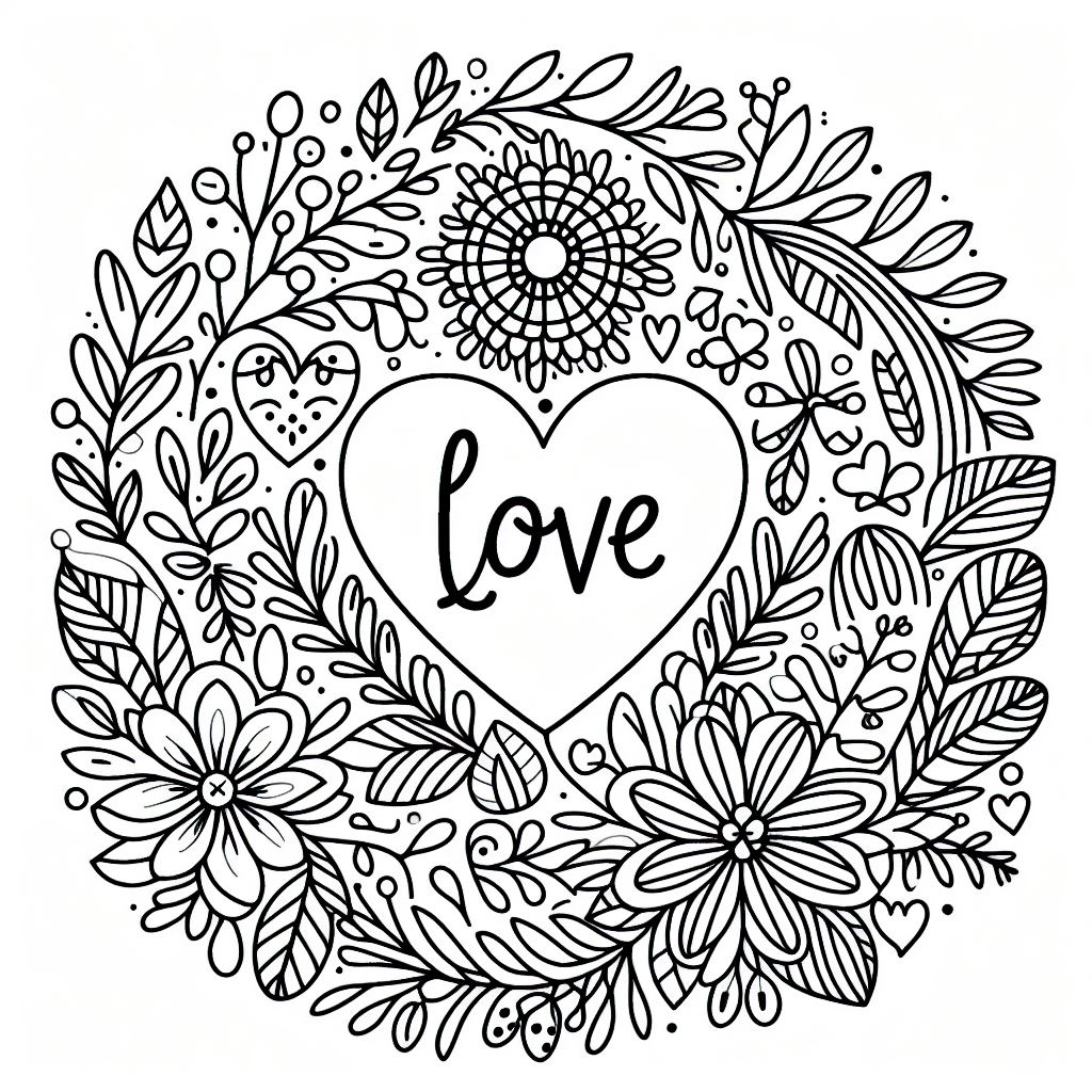 Valentine Day Hearts and Flowers Card Coloring Page Free Printable