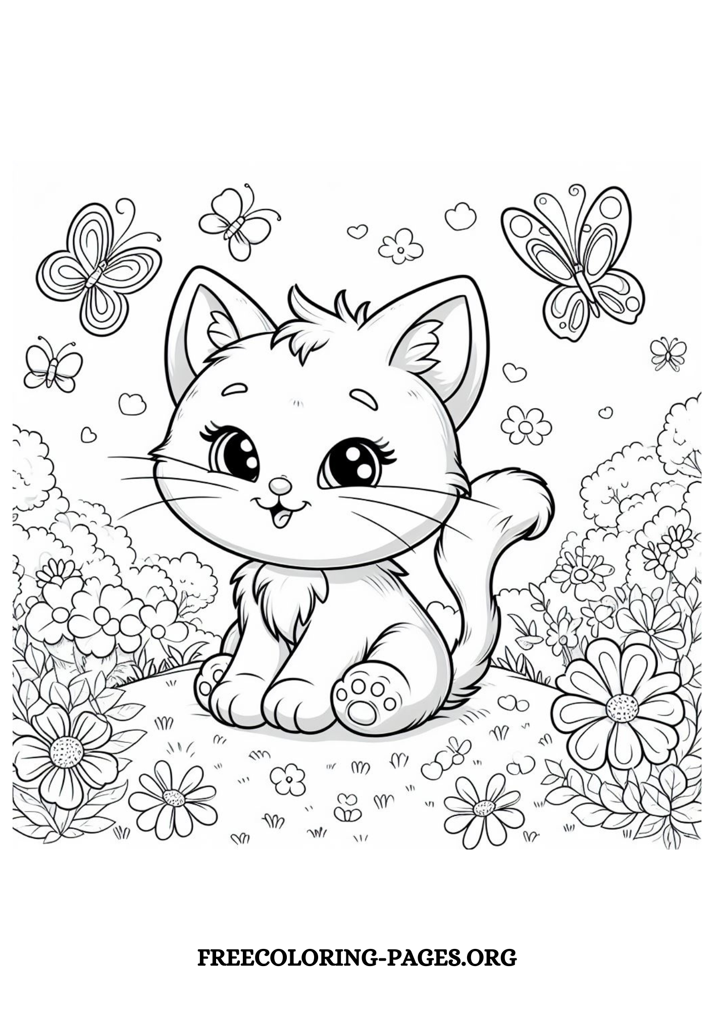 spring cat free printable coloring page for kids and adults