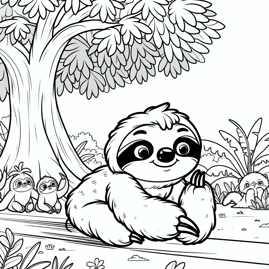 DALL·E 2024-05-29 07.24.18 - A simple coloring page featuring a sloth named Sammy starting a race at the big banyan tree. The sloth is depicted in a relaxed pose with a cheerful e
