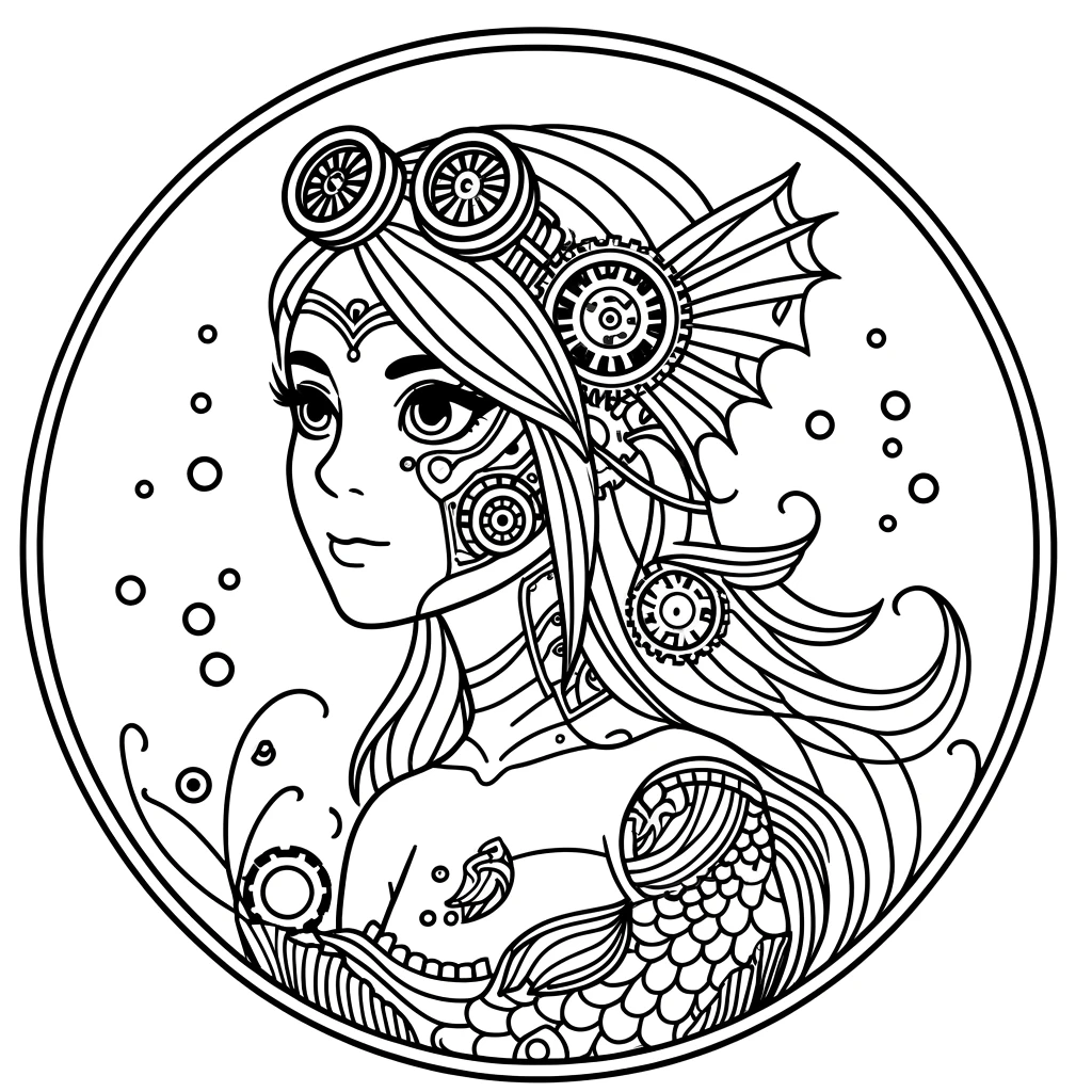 simple-and-clean-coloring-page-featuring-a-woman-with-mechanical-steampunk-and-fish-like-elements