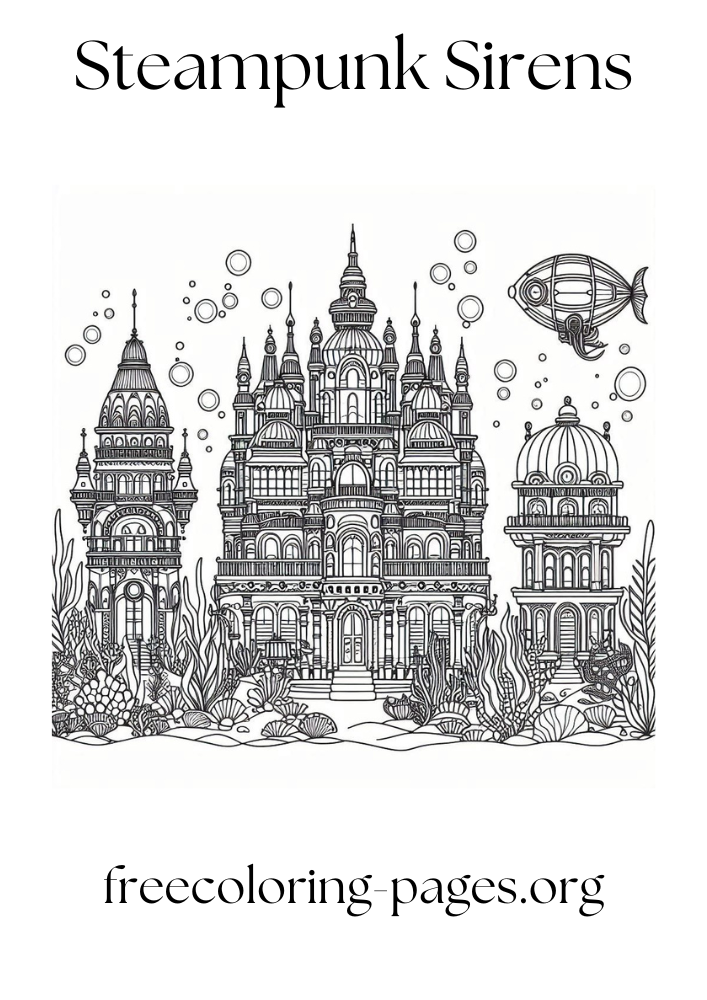 Underwater Steampunk City free printable coloring page for kids and adults