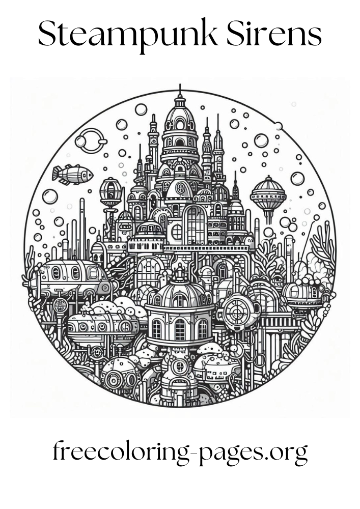 Underwater Steampunk City free printable coloring page for kids and adults