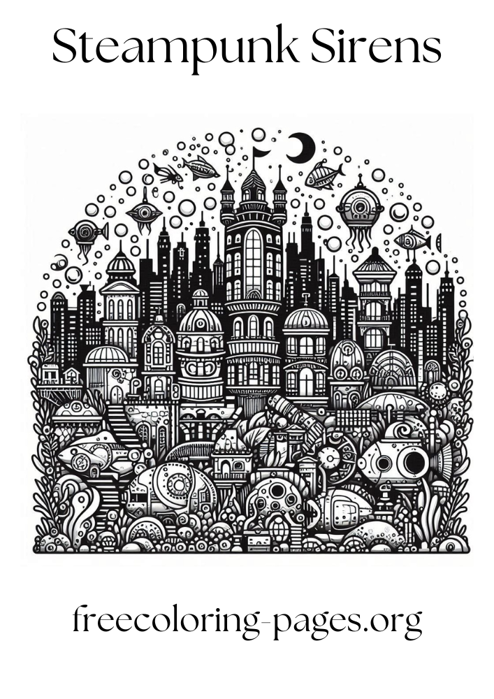 Underwater Steampunk City free printable coloring page for kids and adults