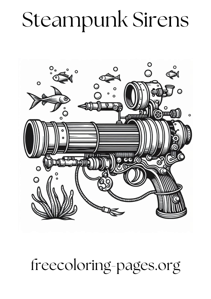 free printable coloring page of a steampunk weapon