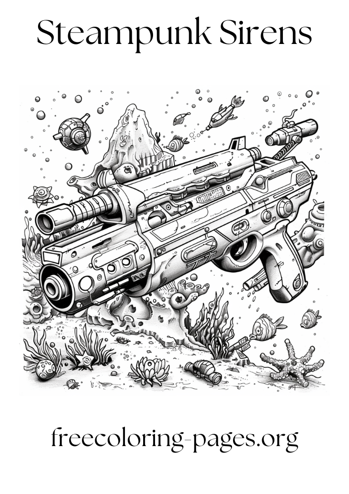 free printable coloring page of a steampunk weapon