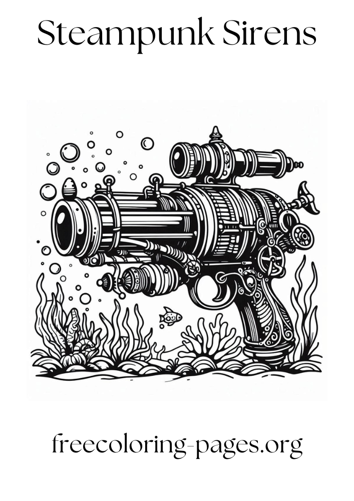 free printable coloring page of a steampunk weapon