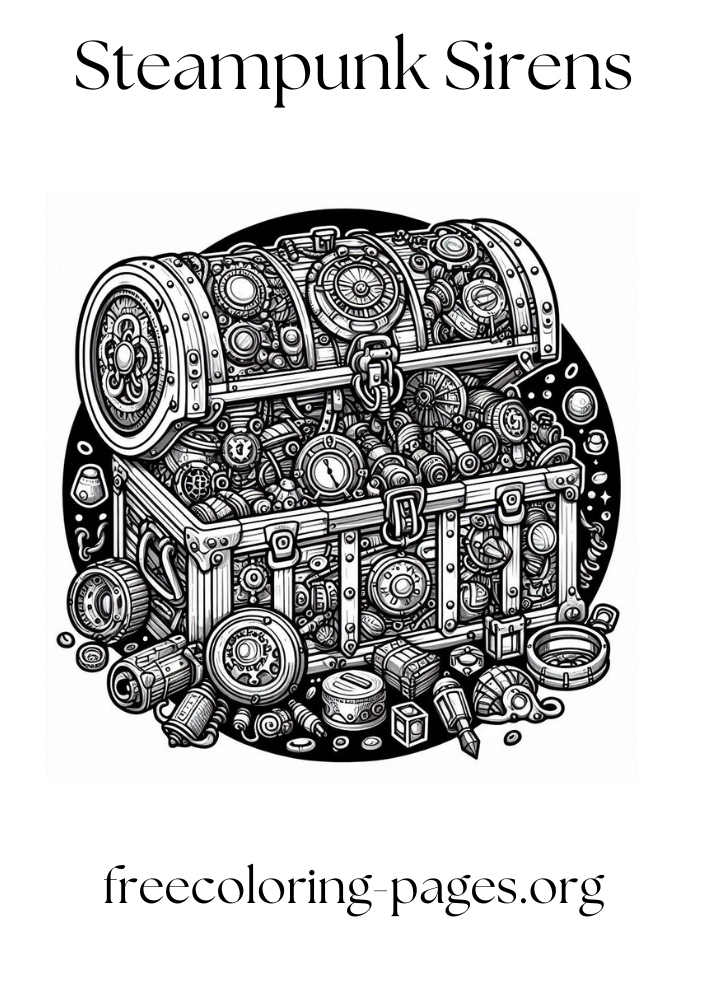 free printable coloring page of a steampunk treasure chest