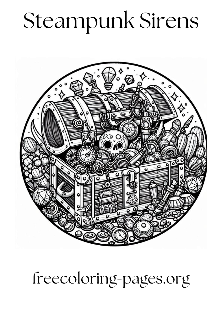 free printable coloring page of a steampunk treasure chest