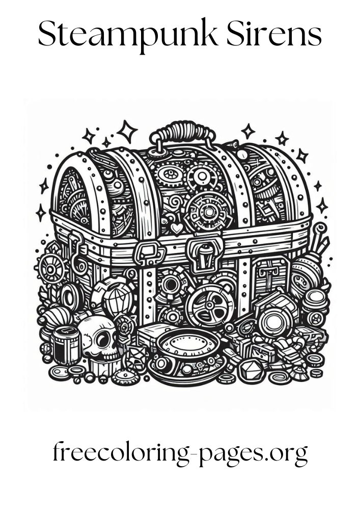 free printable coloring page of a steampunk treasure chest