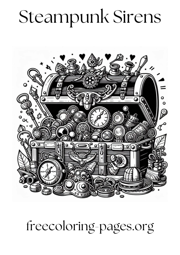 free printable coloring page of a steampunk treasure chest