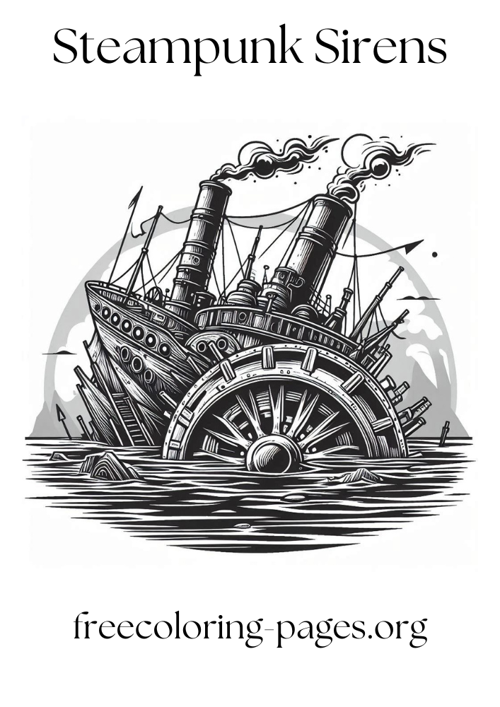 free printable coloring page of a steampunk ship