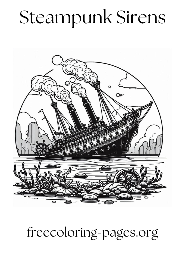 free printable coloring page of a steampunk ship