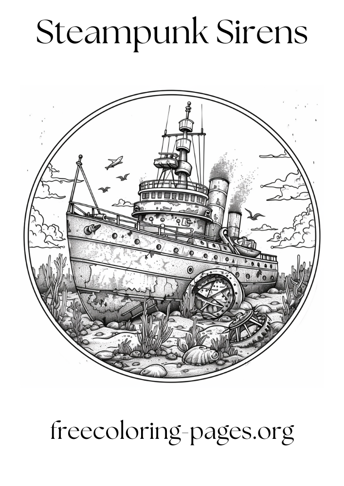 free printable coloring page of a steampunk ship