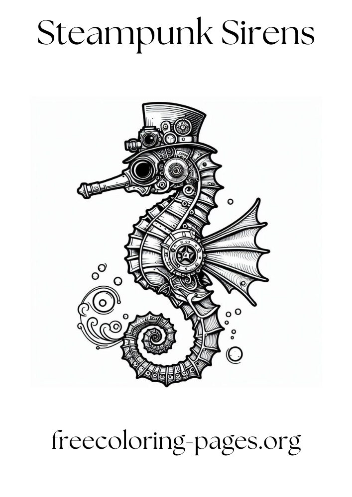 free printable coloring page of a steampunk seahorse