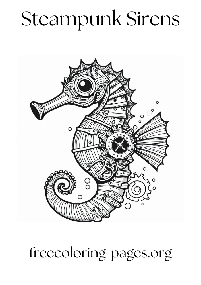 free printable coloring page of a steampunk seahorse