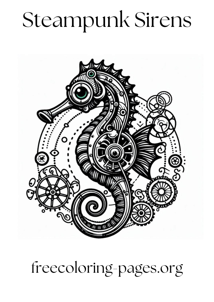 free printable coloring page of a steampunk seahorse