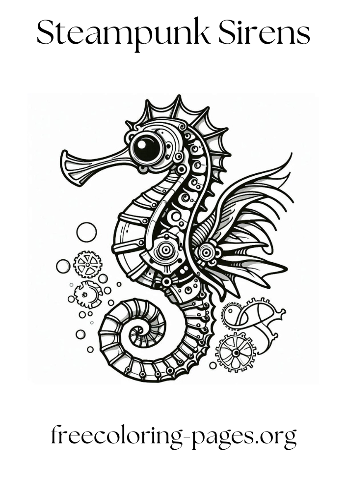 free printable coloring page of a steampunk seahorse