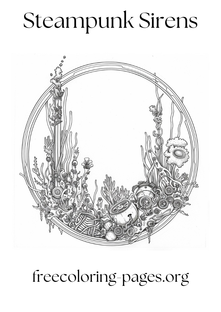 free printable coloring page of a steampunk coral reef