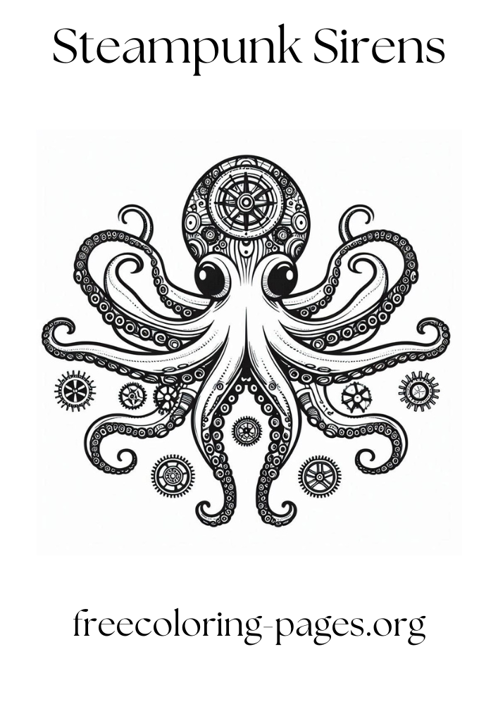 octopuses, sharks, and jellyfish, all featuring steampunk elements free printable coloring page