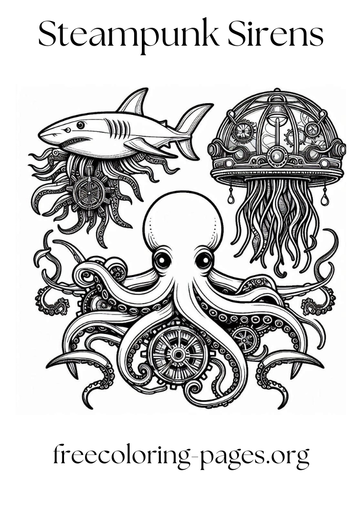 octopuses, sharks, and jellyfish, all featuring steampunk elements free printable coloring page