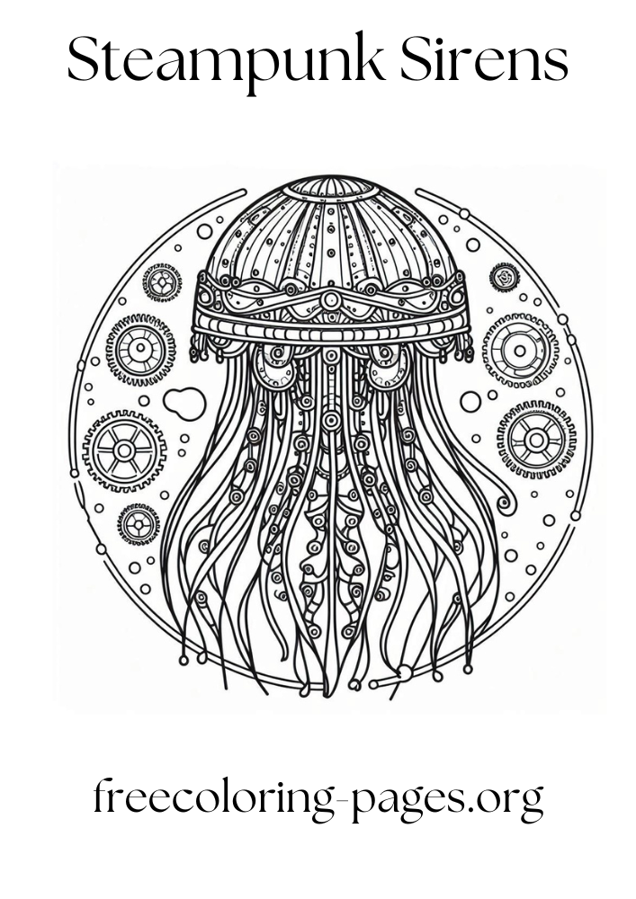 octopuses, sharks, and jellyfish, all featuring steampunk elements free printable coloring page