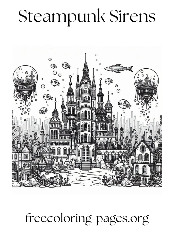 Underwater Steampunk City free printable coloring page for kids and adults