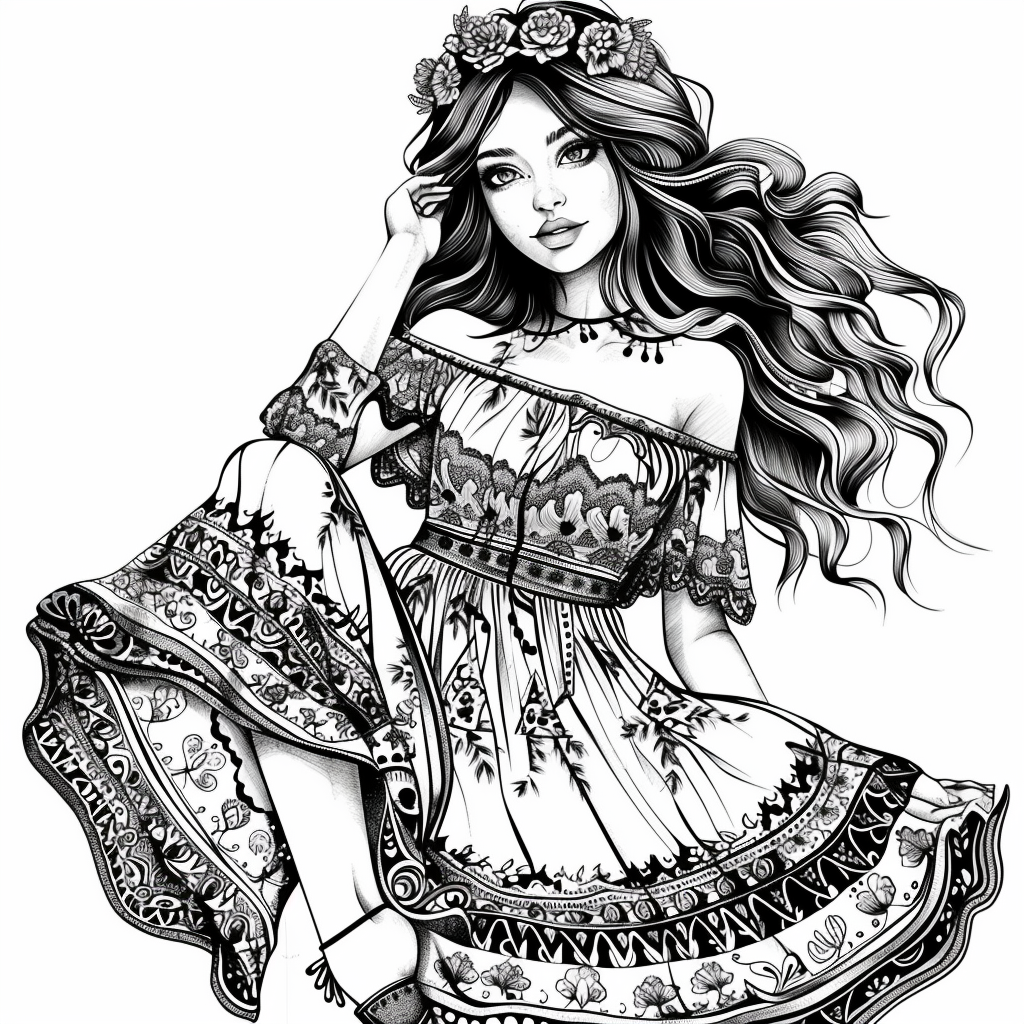 coloring page of aesthetic boho dress to impress printable free