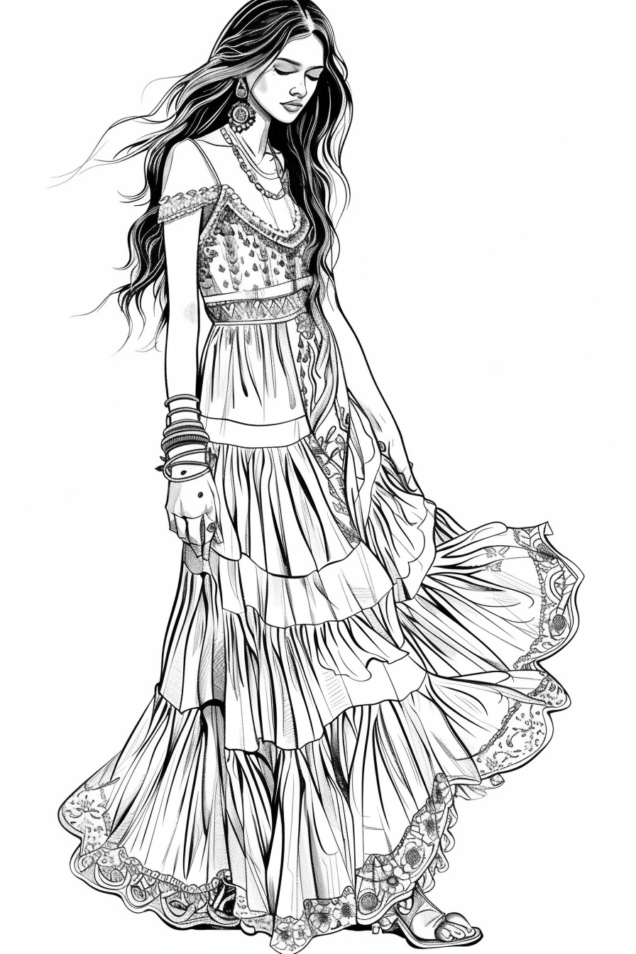 coloring page of aesthetic boho dress to impress printable free