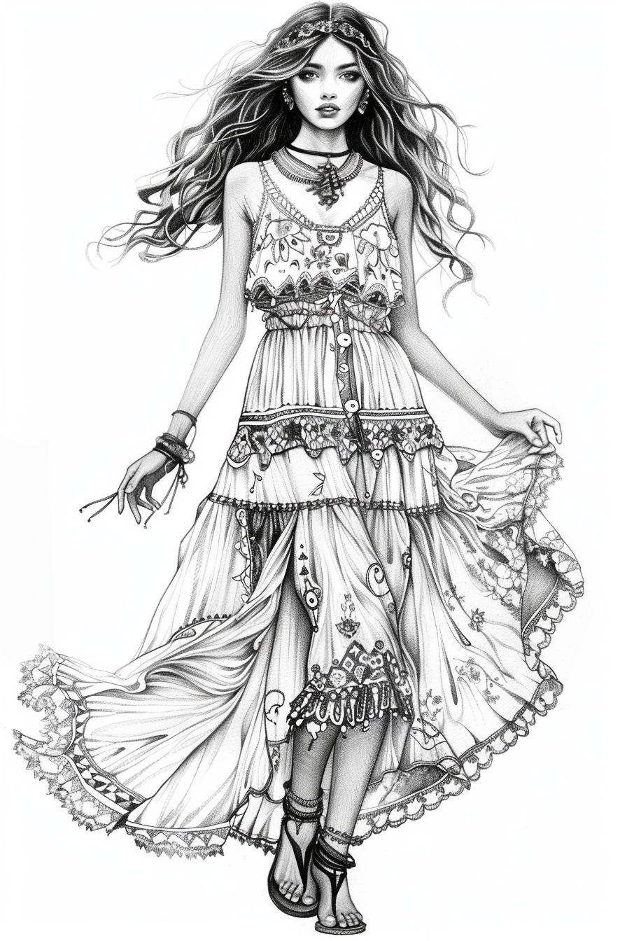 coloring page of aesthetic boho dress to impress printable free