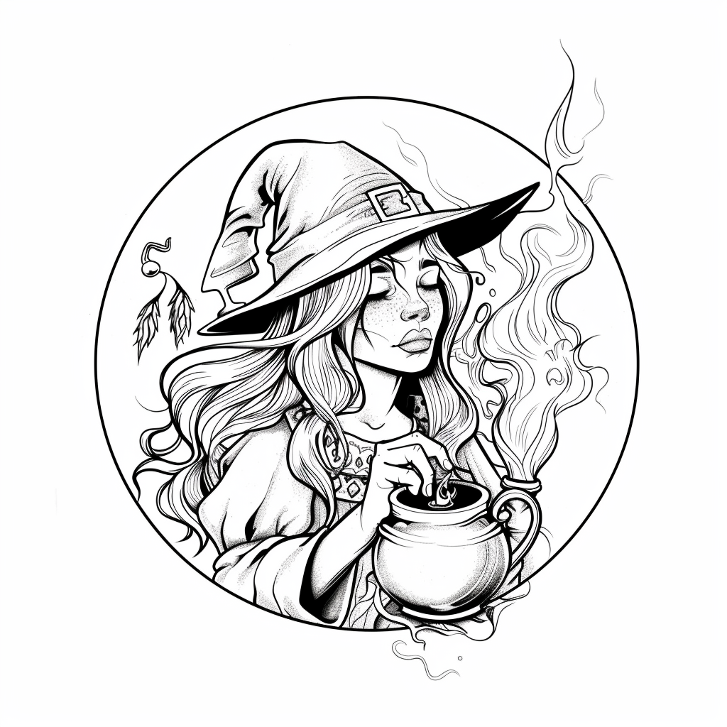 fantasy witch with a poison coloring page free printable