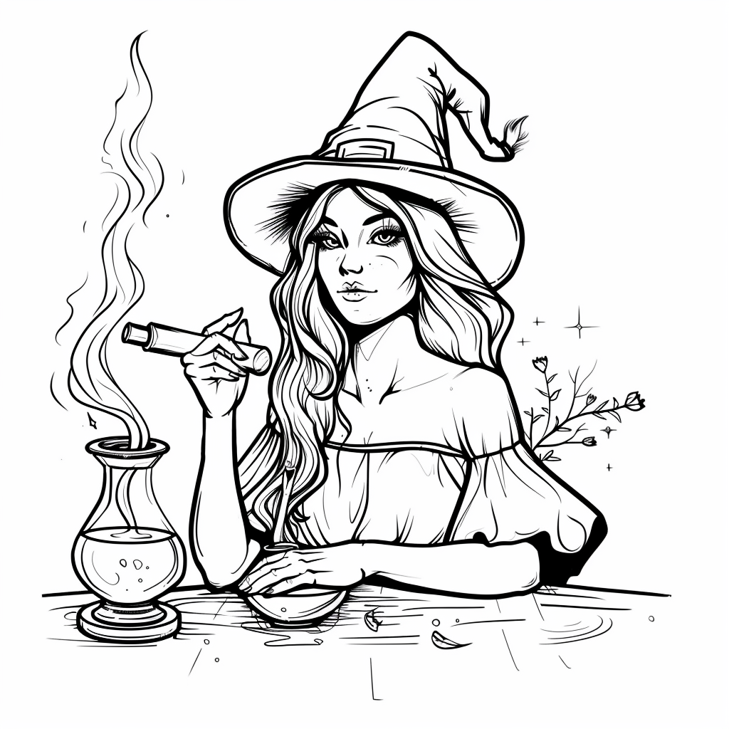 fantasy witch with a poison coloring page free printable