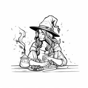 fantasy witch with a poison coloring page free printable