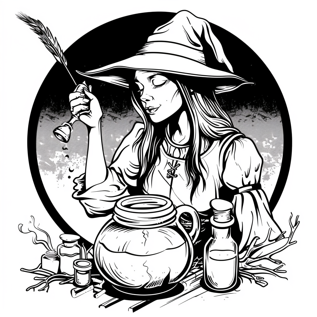 fantasy witch with a poison coloring page free printable